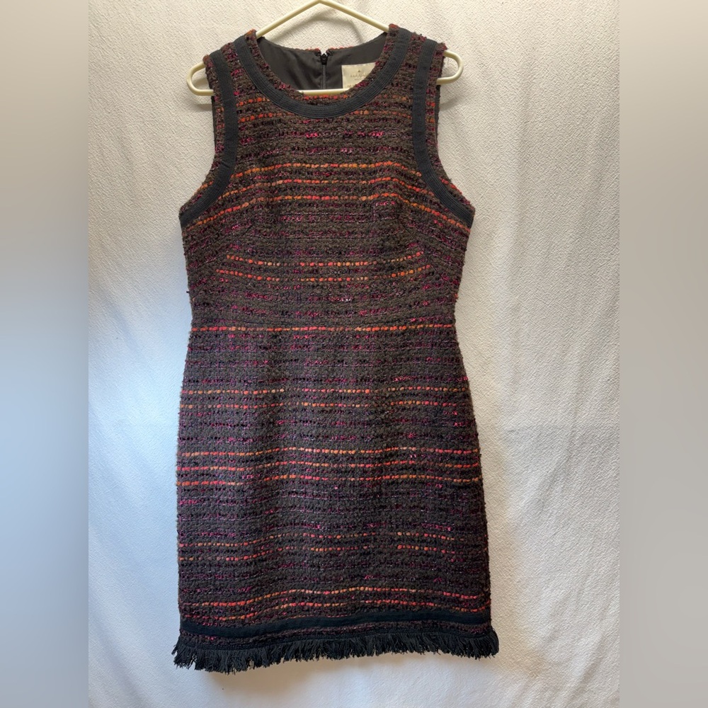 Old Money Kate Spade New York”So Foxy” Vibe Tweed Sheath Power Move Fringe Dress